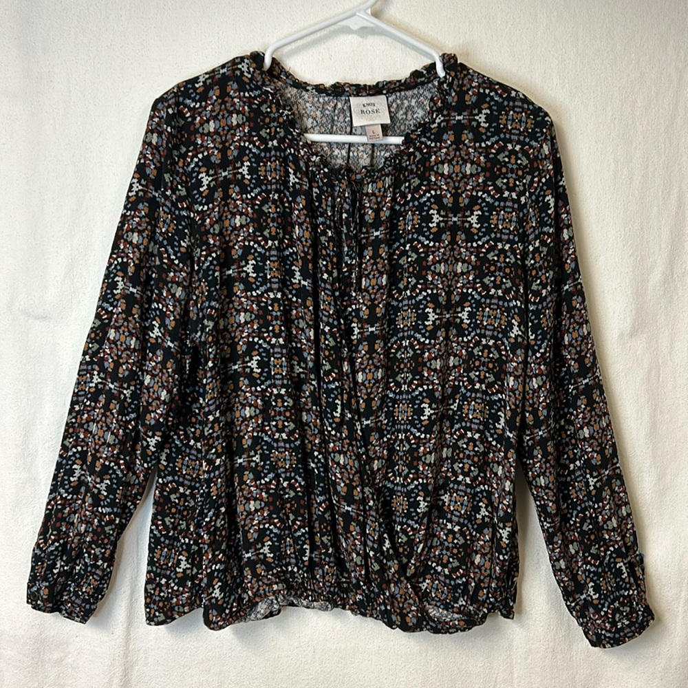 Knox Rose Women’s Tunic Top Sz L Peasant Style Black Print Tie Neck Wrap Front